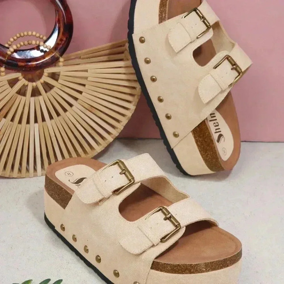 Apricot Fashionable Women's Open Toe Double Buckle Footbed Sandals - Picture 2 of 4